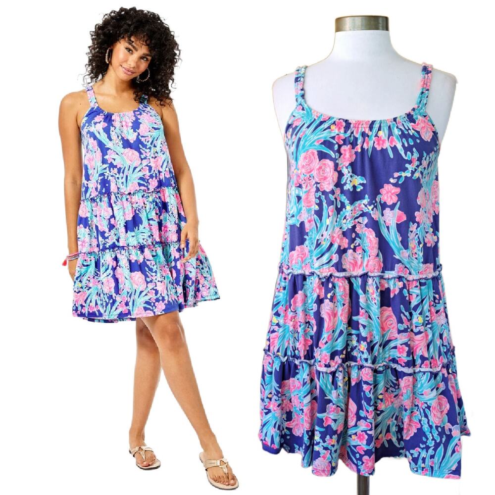 Lilly Pulitzer Loro Floral Mini Swing Dress Corsica Blue Toucan Party Cotton  XS